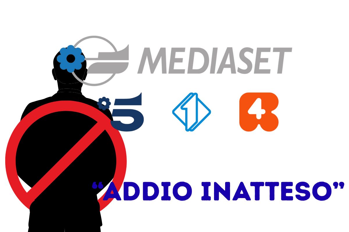 logo mediaset con canali di unta, sagoma nera e scritta Addio Inatteso