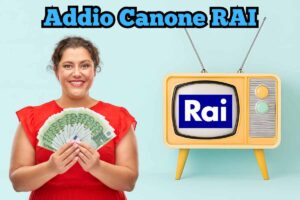 addio canone rai, vecchia tv, donna con denaro in mano