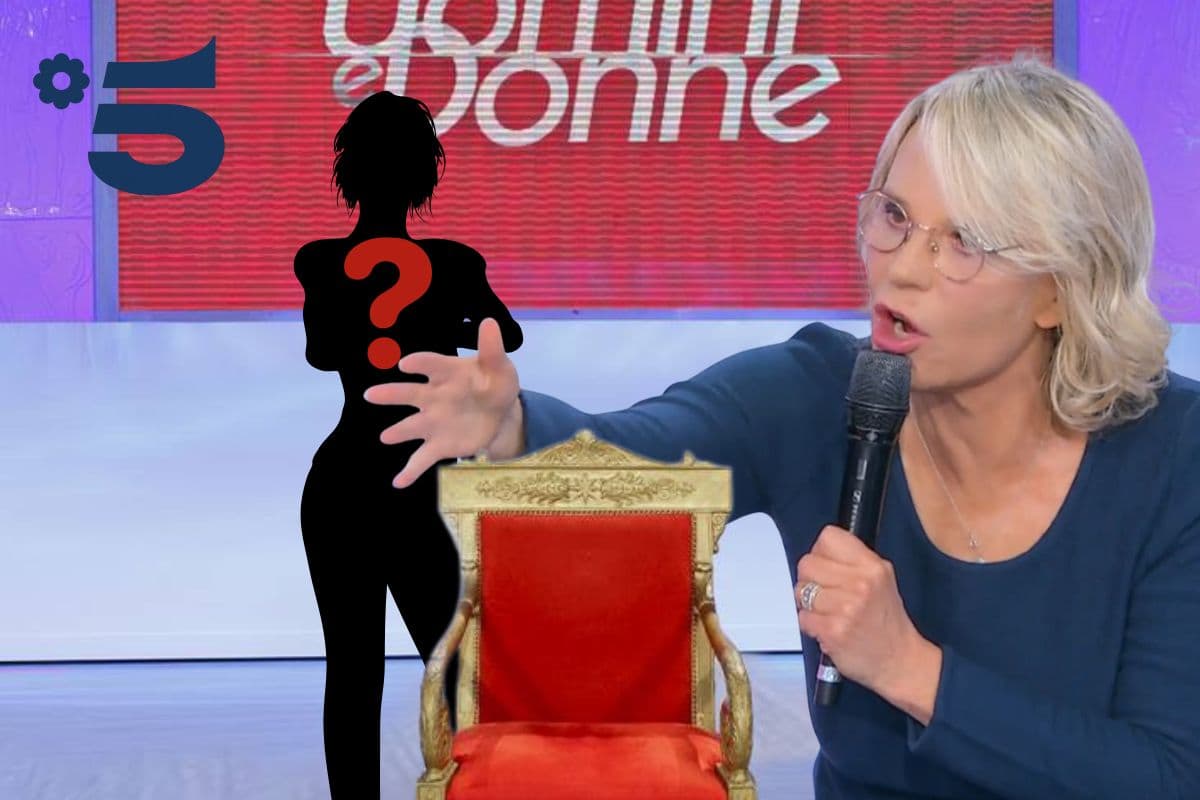 trono U&D, con maria de filippi e sagoma nera con punto interrogativo rosso
