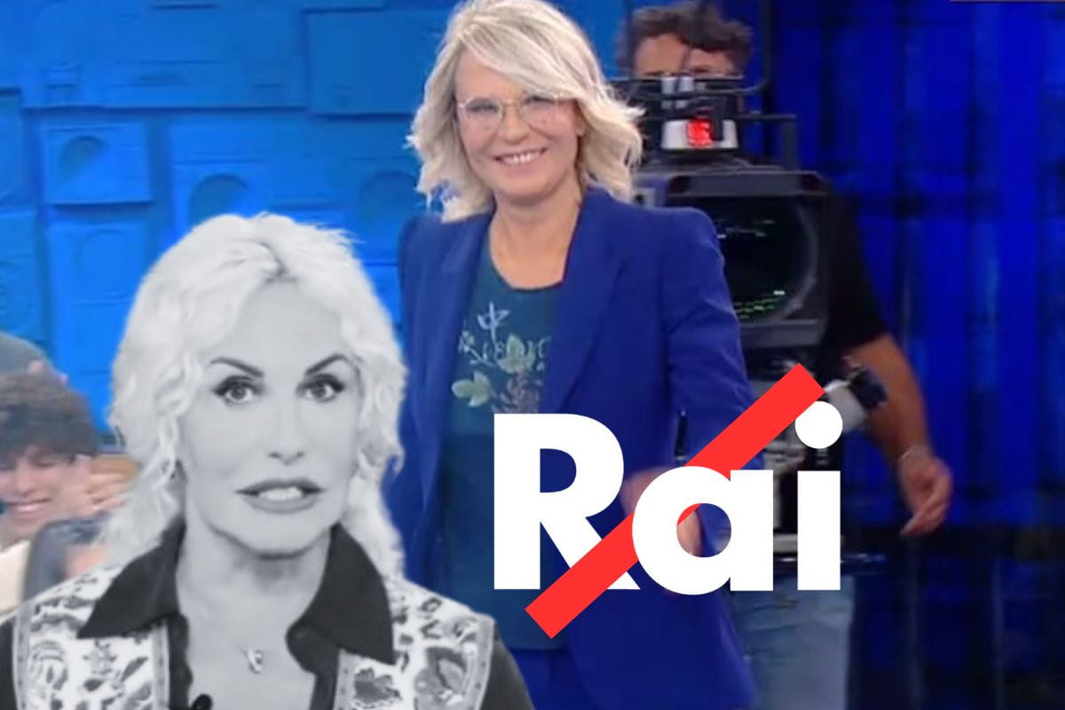 maria de filippi, antonella clerici in bianco e nero e logo rai sbarrato in rosso