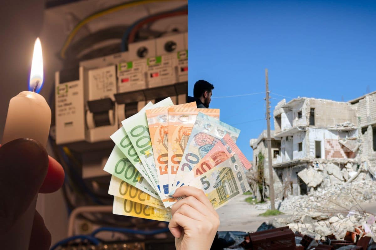 contatore spento, scena di guerra e un amano che tiene banconote euro