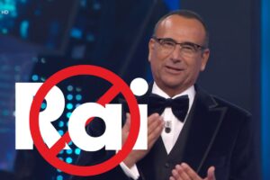 Carlo conti, logo rai con segnale stop