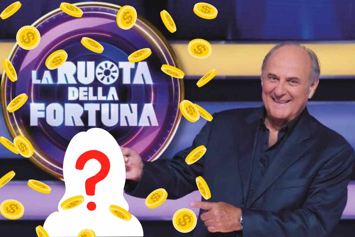 ruota della fortuna, gerry scotti, pioggia monete d'oro, sagoma donna, punto interrogativo