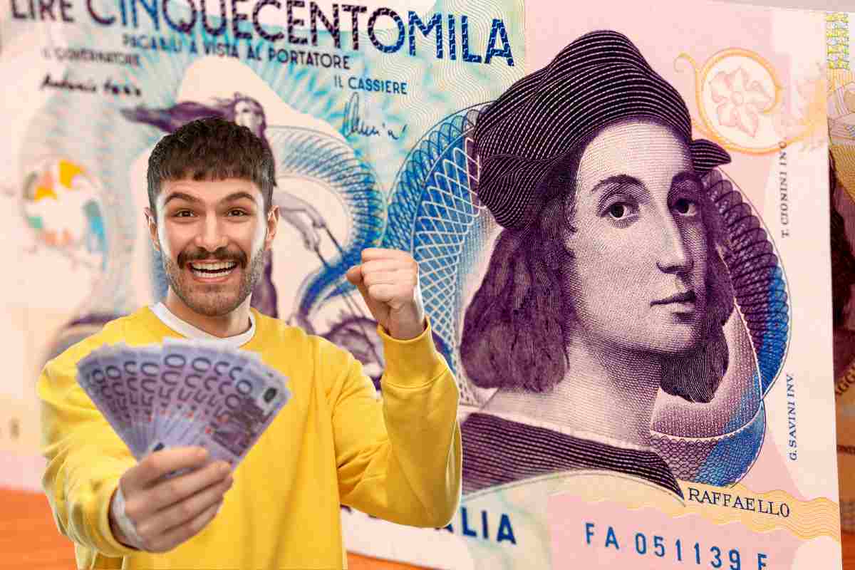 uomo felice soldi in mano sfondo con centomila lire