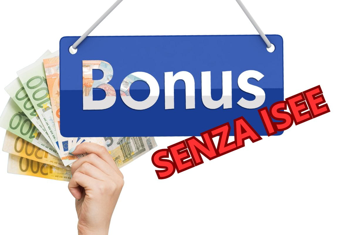 cartello bonus, con scritta senza isee e mano con ventaglio banconote euro